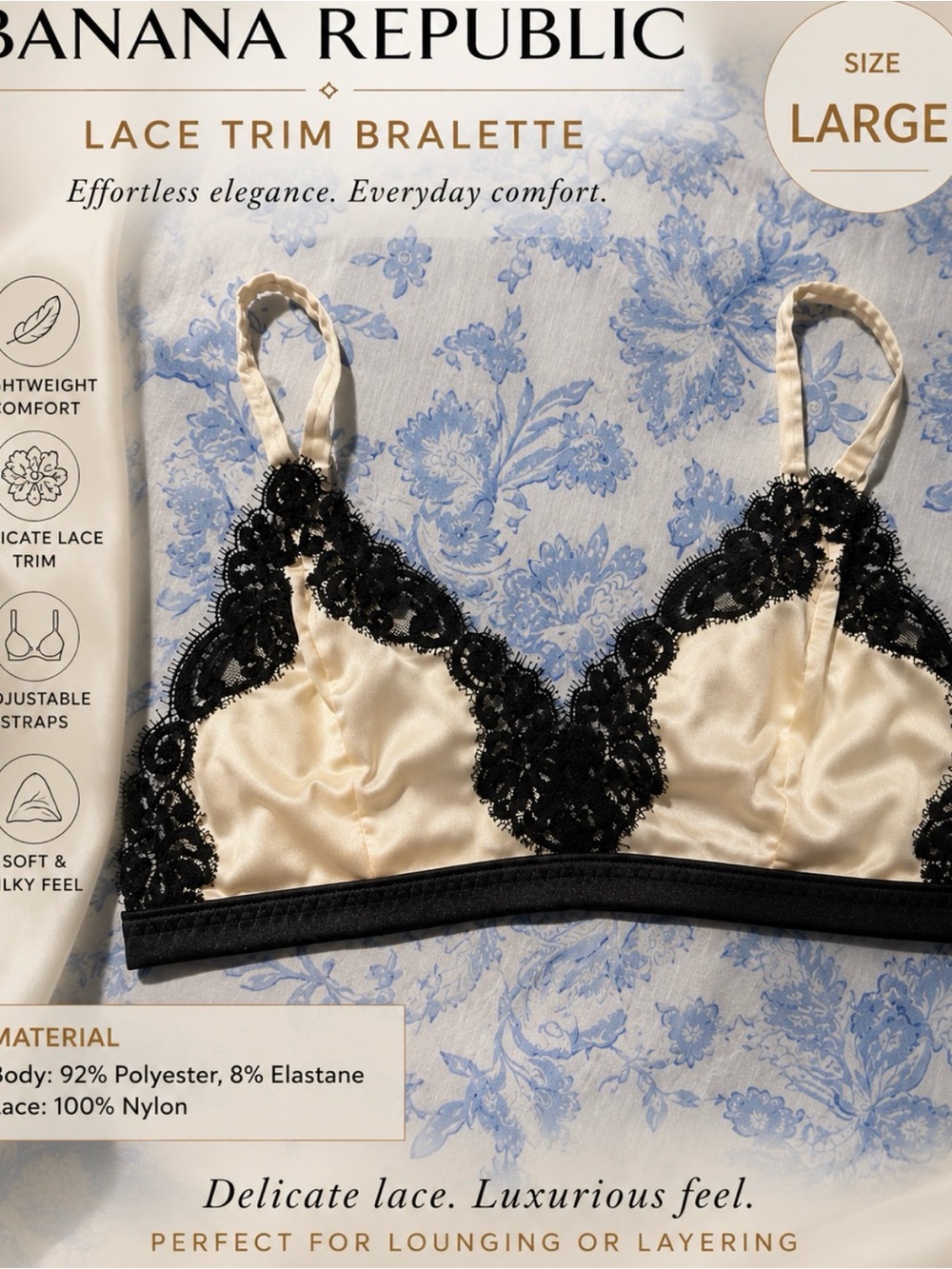 Banana Republic Cream Satin Bralette with Black Lace Trim size L large